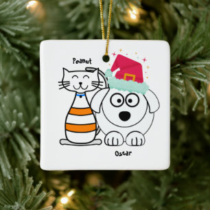 Ornement En Céramique Personnalisez le chat mignon et le chien Joyeux No