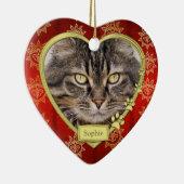Ornement En Céramique Pet Cat Memorial Rouge Gold Heart Photo Noël (Droite)