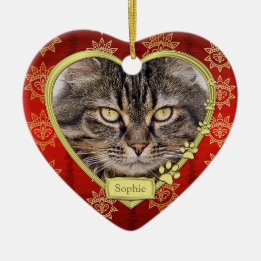 Ornement En Céramique Pet Cat Memorial Rouge Gold Heart Photo Noël (Devant)