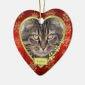 Ornement En Céramique Pet Cat Memorial Rouge Gold Heart Photo Noël (Gauche)