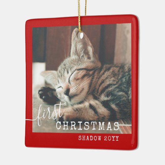 Ornement En Céramique Pet First Christmas Photo Red Rustic (Gauche)