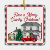 Ornement En Céramique Petit Camion rouge avec la ferme (Devant)