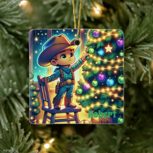 Ornement En Céramique Petit Cowboy Sur Chaise Décorant Arbre De Noël