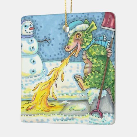 ORNEMENT EN CÉRAMIQUE PETIT DRAGON MELTING & SHOVELING NEIGE, FUNNY CUTE (Gauche)