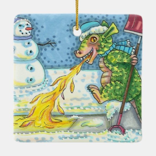 ORNEMENT EN CÉRAMIQUE PETIT DRAGON MELTING & SHOVELING NEIGE, FUNNY CUTE (Dos)