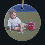 Ornement En Céramique Petit garçon avec Sandcastle et Beach Bucket<br><div class="desc">Un garçon de sable sur la plage Jouer avec le seau Ce petit garçon de plage doux joue sur la plage avec son seau rouge vif. Avez-vous joué dans le sable enfant ? C'est un beau tableau d'un petit garçon jouant dans le sable ; c'est un bébé classique construit dans...</div>