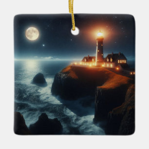 Ornement En Céramique Phare nautique/côtier la nuit avec lune