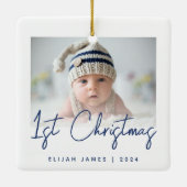 Ornement En Céramique Photo Baby's First Christmas Navy Script bleu (Dos)