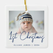 Ornement En Céramique Photo Baby's First Christmas Navy Script bleu (Devant)