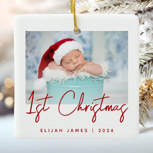 Ornement En Céramique Photo Baby's First Christmas Red Script Ceramic