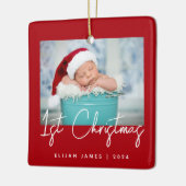 Ornement En Céramique Photo Baby's First Christmas Red White Script (Gauche)