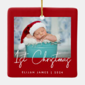 Ornement En Céramique Photo Baby's First Christmas Red White Script (Dos)