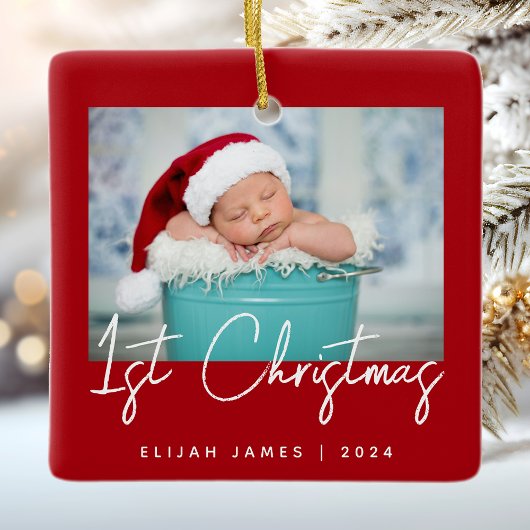 Ornement En Céramique Photo Baby's First Christmas Red White Script