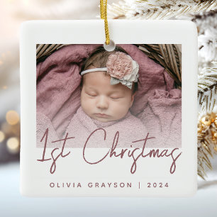 Ornement En Céramique Photo Baby's First Christmas Rose Script Céramique