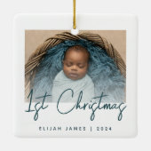 Ornement En Céramique Photo Baby's First Christmas Turquoise Script bleu (Dos)
