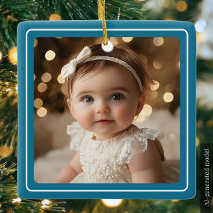 Ornement En Céramique Photo de bébé Noël moderne sarcelle Écriture blanc