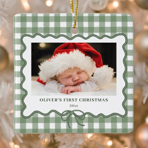 Ornement En Céramique Photo de bébé pour son premier Noël gingham vert s