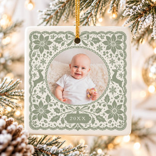 Ornement En Céramique Photo de bébé vintage en papier découpé vert sauge
