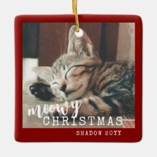 Ornement En Céramique Photo de chat Meowy Noël Rouge rustique