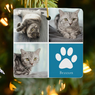 Ornement En Céramique Photo de chat personnalisée Collage de Noël bleu m