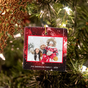 Ornement En Céramique Photo de famille de Noël avec étoiles rouges et bo