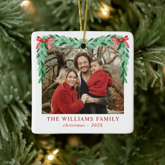 Ornement En Céramique Photo de famille de Noël moderne Bow Joyeux (Arbre)