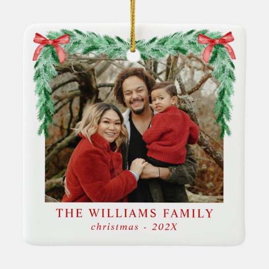 Ornement En Céramique Photo de famille de Noël moderne Bow Joyeux (Dos)