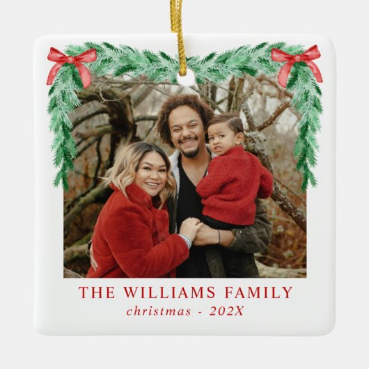 Ornement En Céramique Photo de famille de Noël moderne Bow Joyeux (Devant)