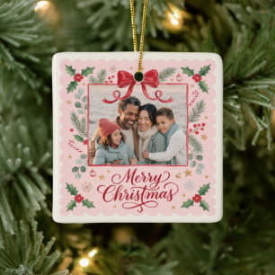 Ornement En Céramique Photo de famille Joyeux Noël avec un nœud rose