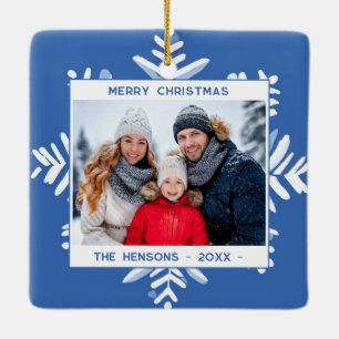 Ornement En Céramique Photo de famille Joyeux Noël Flocon de Neige Bleu