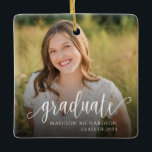 Ornement En Céramique Photo de graduation de script manuscrite moderne<br><div class="desc">Célébrez la réussite du diplômé avec ce ornement de noël personnalisé. Personnalisez avec une photo et votre propre texte pour créer un gardien vraiment unique pour le diplômé.</div>