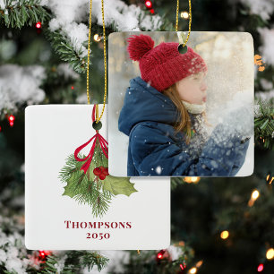 Ornement En Céramique Photo de Noël Aquarelle Holly Berries Vert