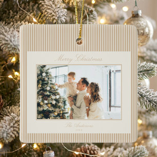 Ornement En Céramique Photo de Noël aux rayures élégantes ivoire et beig