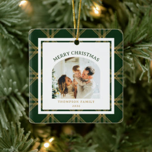 Ornement En Céramique Photo de Noël classique vert et or