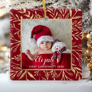 Ornement En Céramique Photo de Noël de bébé avec feuillage doré rouge