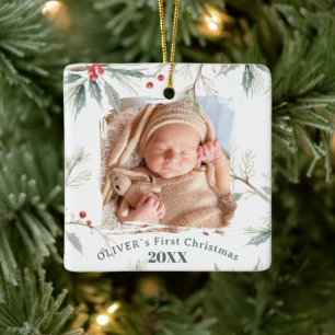 Ornement En Céramique Photo de Noël de bébé avec feuilles de houx hivern
