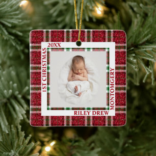 Ornement En Céramique Photo de Noël de bébé en tartan