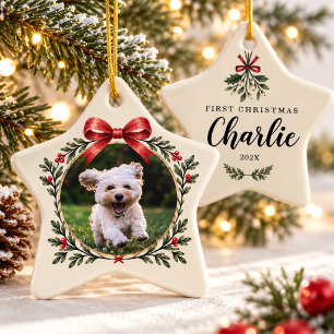 Ornement En Céramique Photo de Noël de chien pour la première fois sous