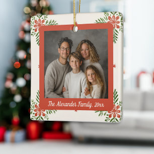 Ornement En Céramique Photo de Noël de famille aux fleurs délicates vint