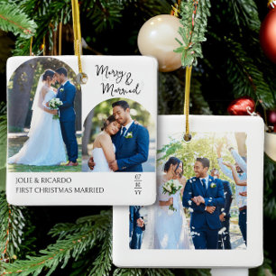 Ornement En Céramique Photo de Noël de mariage première année avec arche