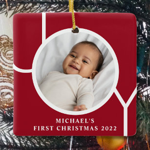 Ornement En Céramique Photo de Noël du premier bébé garçon personnalisé 
