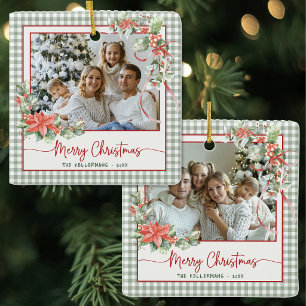 Ornement En Céramique Photo de Noël en vichy vert carreauté Joyeux Noël