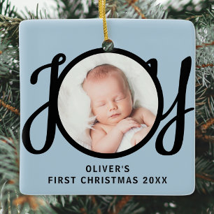 Ornement En Céramique Photo de premier Noël de bébé écriture noire bleue