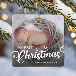 Ornement En Céramique Photo du premier Noël de bébé