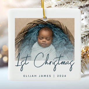 Ornement En Céramique Photo du premier Noël de bébé écriture bleu sarcel