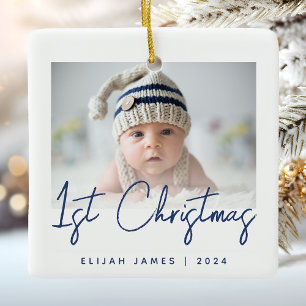 Ornement En Céramique Photo du premier Noël de bébé, écriture marine ble