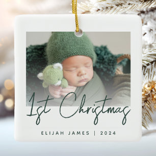 Ornement En Céramique Photo du premier Noël de bébé, écriture verte