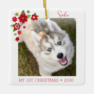 Ornement En Céramique Photo du premier Noël de chien