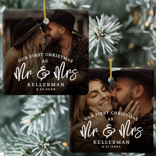 Ornement En Céramique Photo du premier Noël de M. et Mme mariés