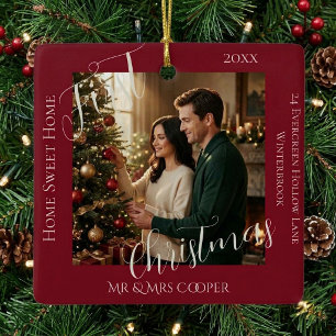 Ornement En Céramique Photo du premier Noël d'un jeune couple dans sa no